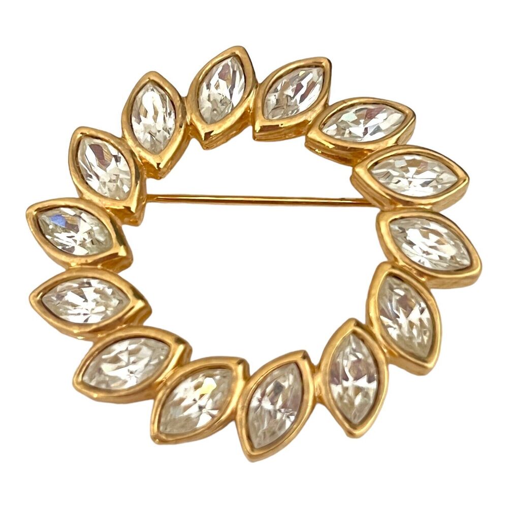 Vintage 1980s Swarovski Crystal Circle Brooch Gold Tone SAL Signed - 7J
